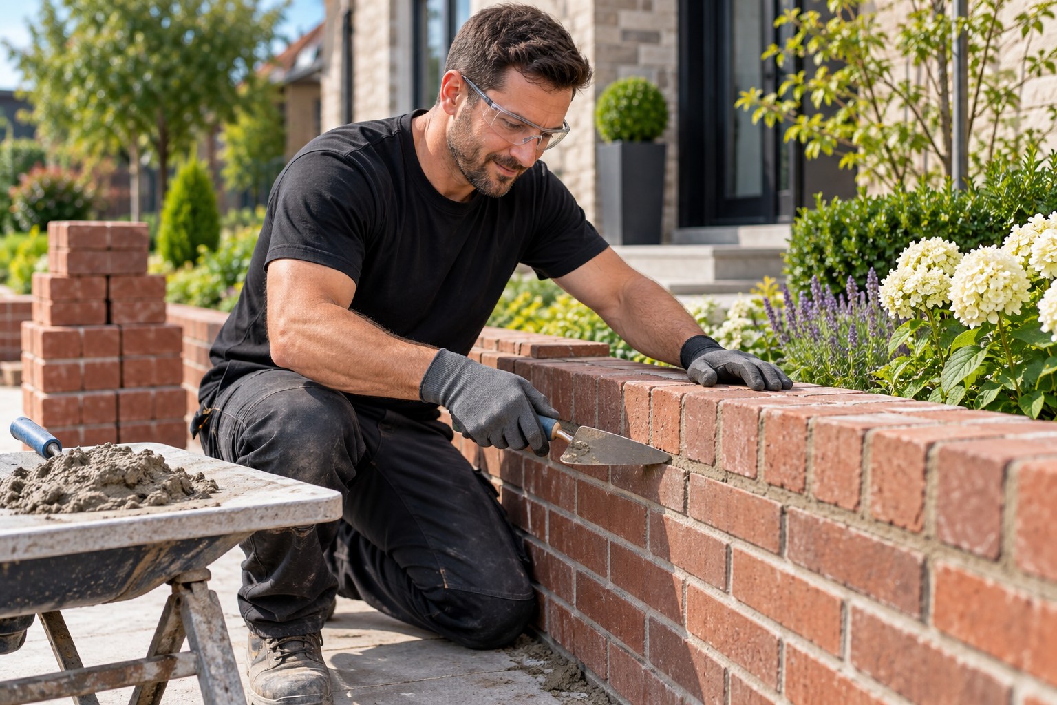 A professional mason wearing gloves and safety glasses using a pointing trowel on a beautiful new ground-level brick garden wall, neatly stacked bricks and a tidy mortar board, bright landscaped home exterior