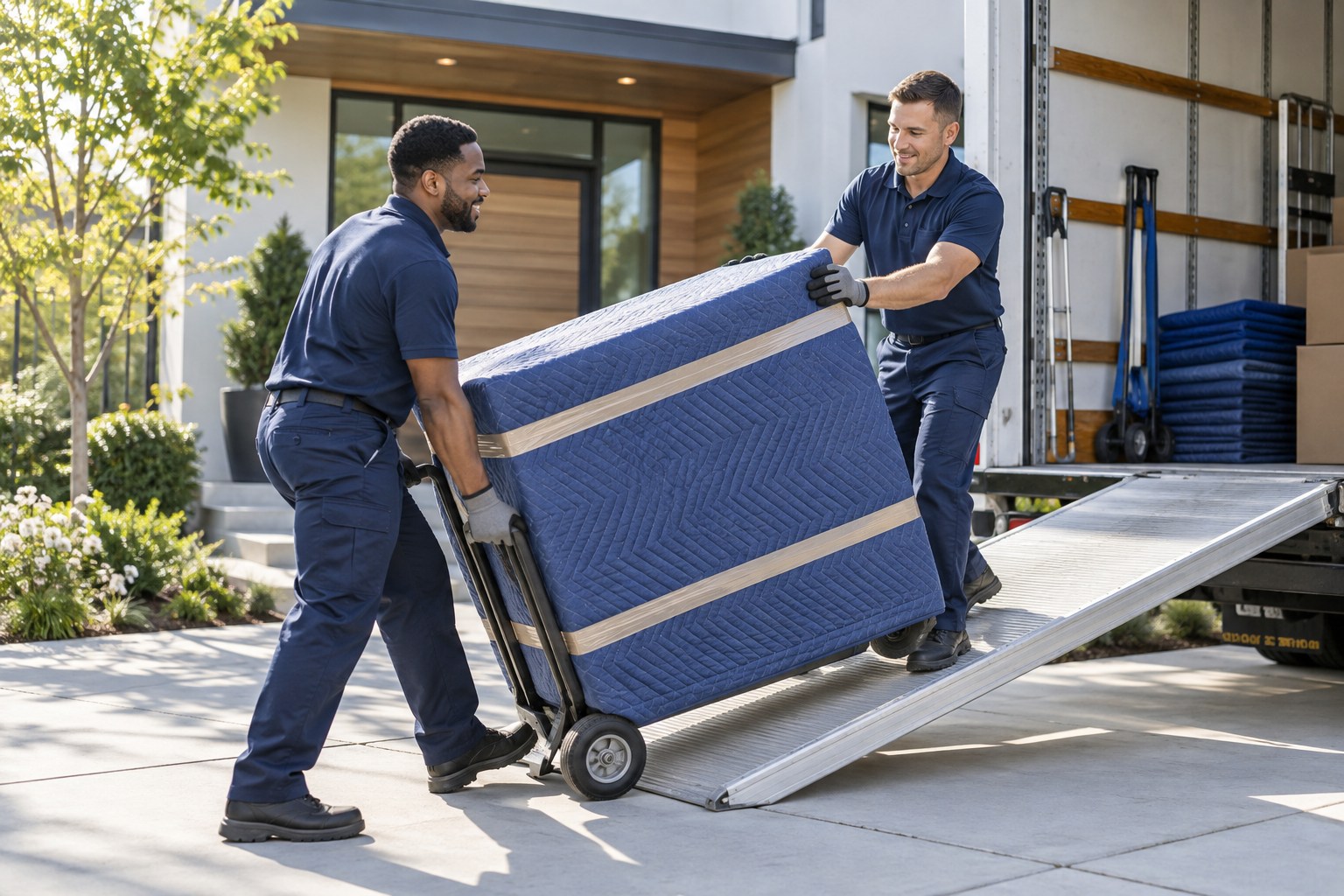 Two professional movers in clean work uniforms and gloves guiding a neatly blanket-wrapped cabinet on a moving dolly along a clean level driveway toward a spotless modern moving truck, bright modern home, orderly scene