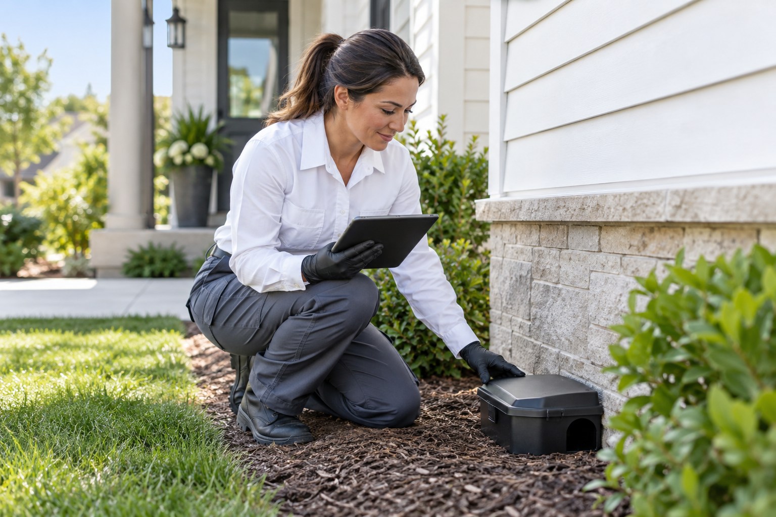 A professional pest-control technician wearing clean uniform and gloves inspecting a closed tamper-resistant monitoring station outside a clean modern home's foundation, tablet in hand, bright daylight, no spraying or pests