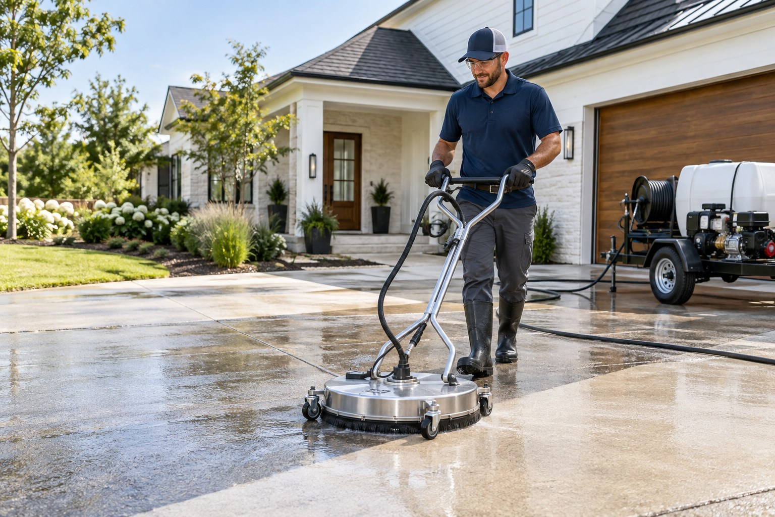 A professional exterior-cleaning technician wearing waterproof work boots and eye protection using a round wheeled surface-cleaner attachment on a broad concrete driveway, crisp visible cleaned concrete, clean modern home and tidy equipment