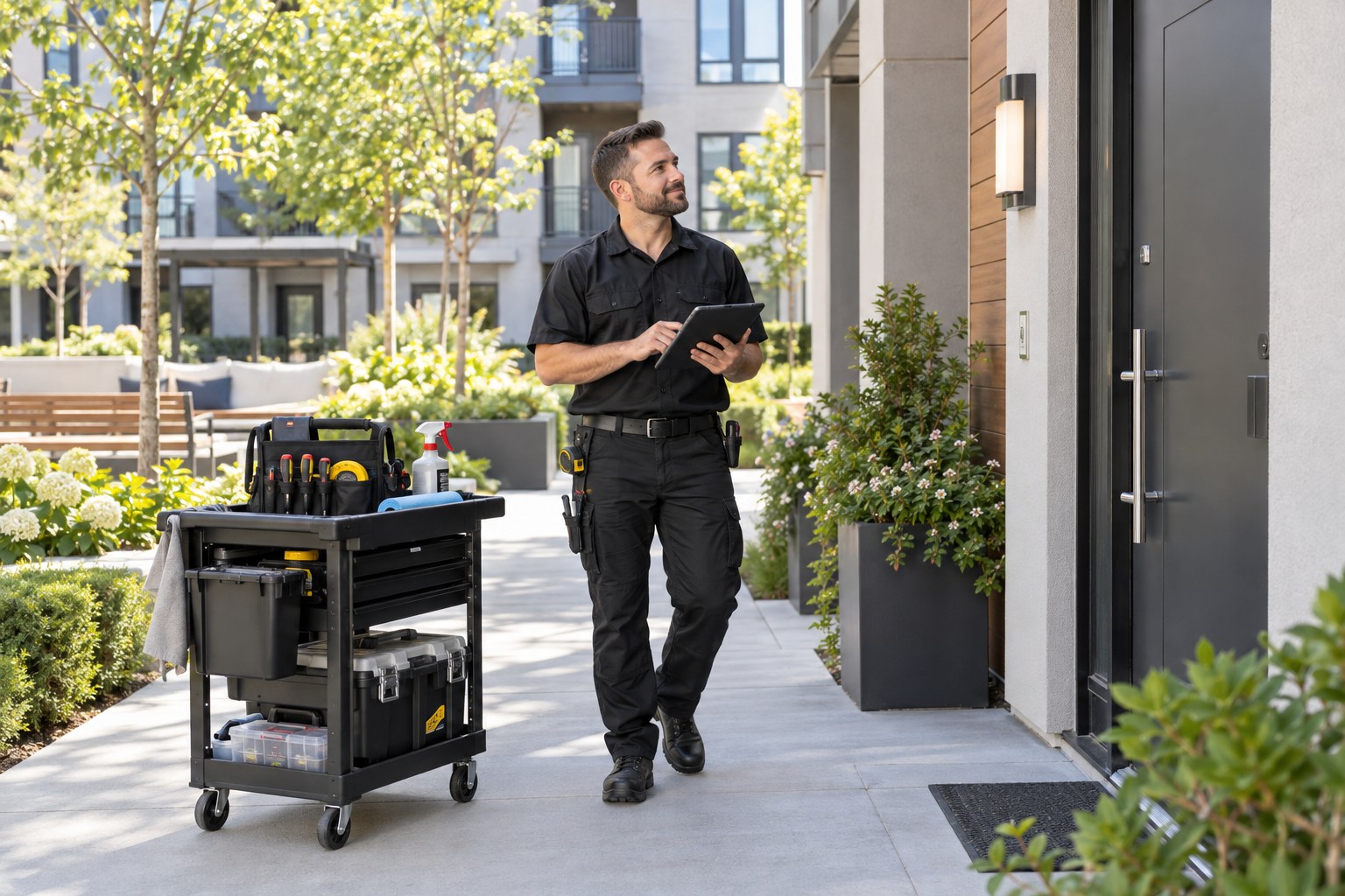 A professional property-maintenance technician inspecting a clean apartment-building courtyard with a tablet and compact organized tool cart, neat landscaping and a freshly repaired door fixture, bright welcoming daylight