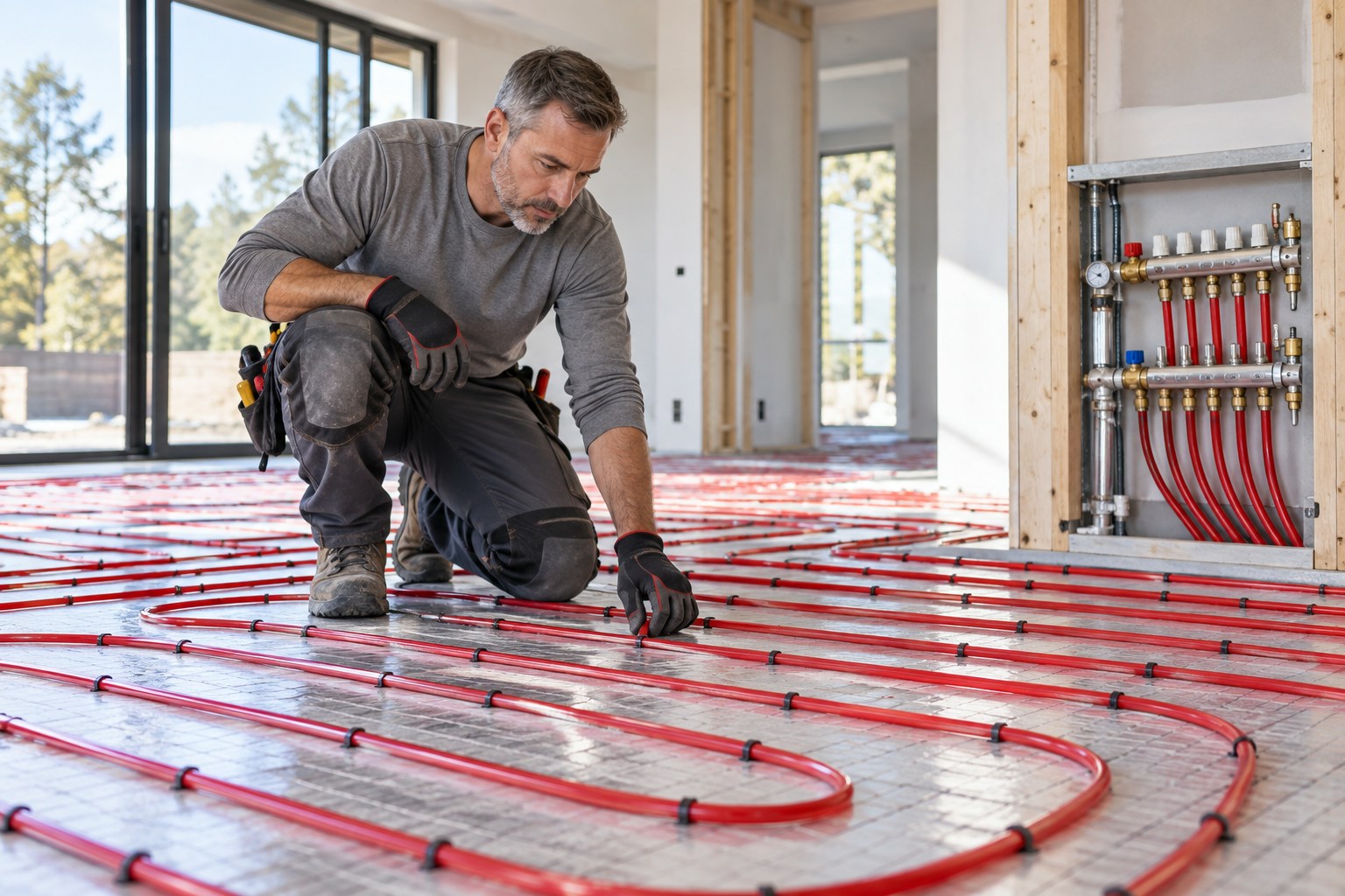 A professional radiant heating installer wearing clean workwear and kneepads inspecting neatly laid red radiant floor tubing in regular loops before the finished floor is installed, clean bright new-build interior and tidy manifold visible