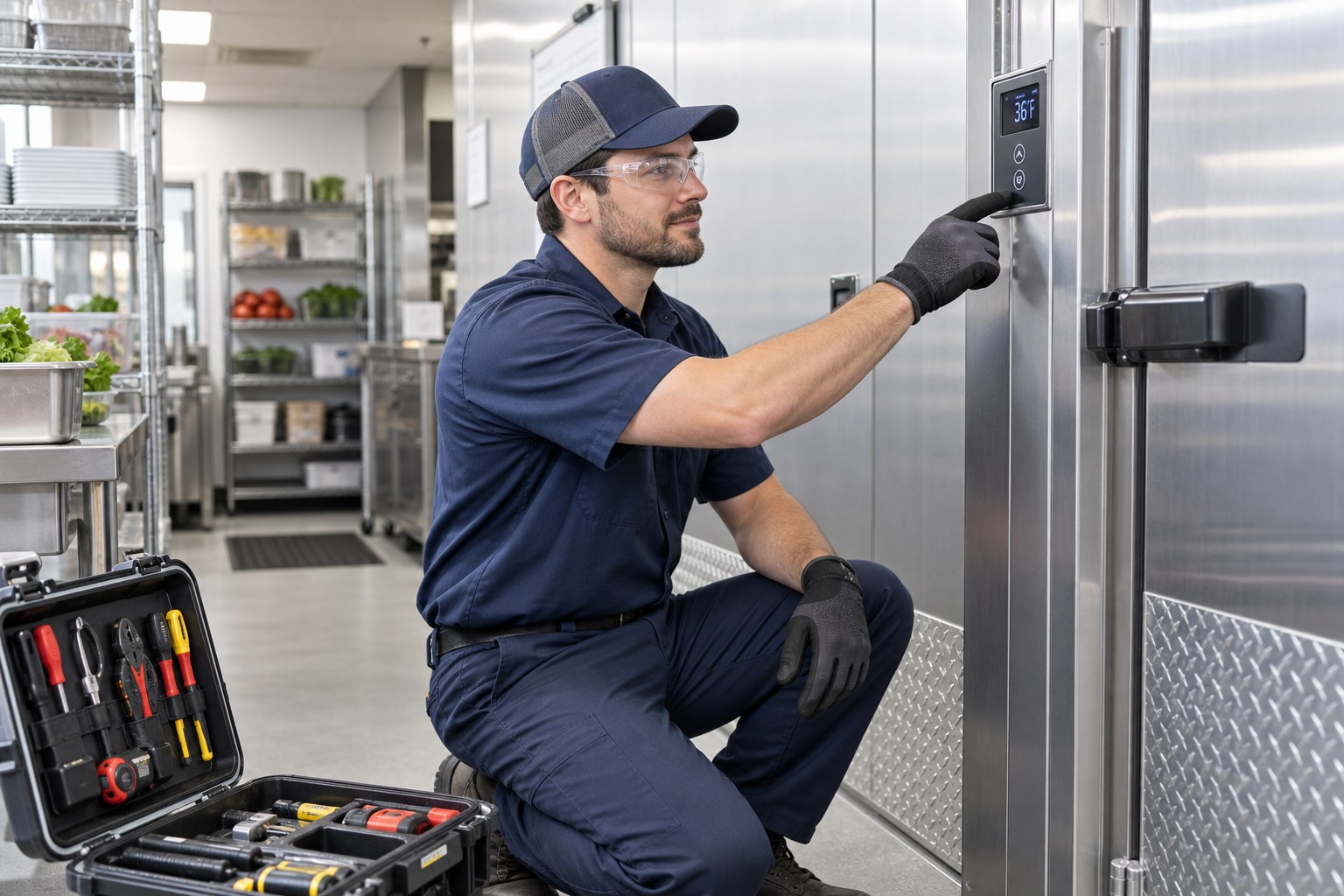 A professional commercial refrigeration technician in a clean uniform inspecting a modern walk-in refrigerator exterior controller in a spotless restaurant service area, organized tool case, bright stainless-steel surfaces