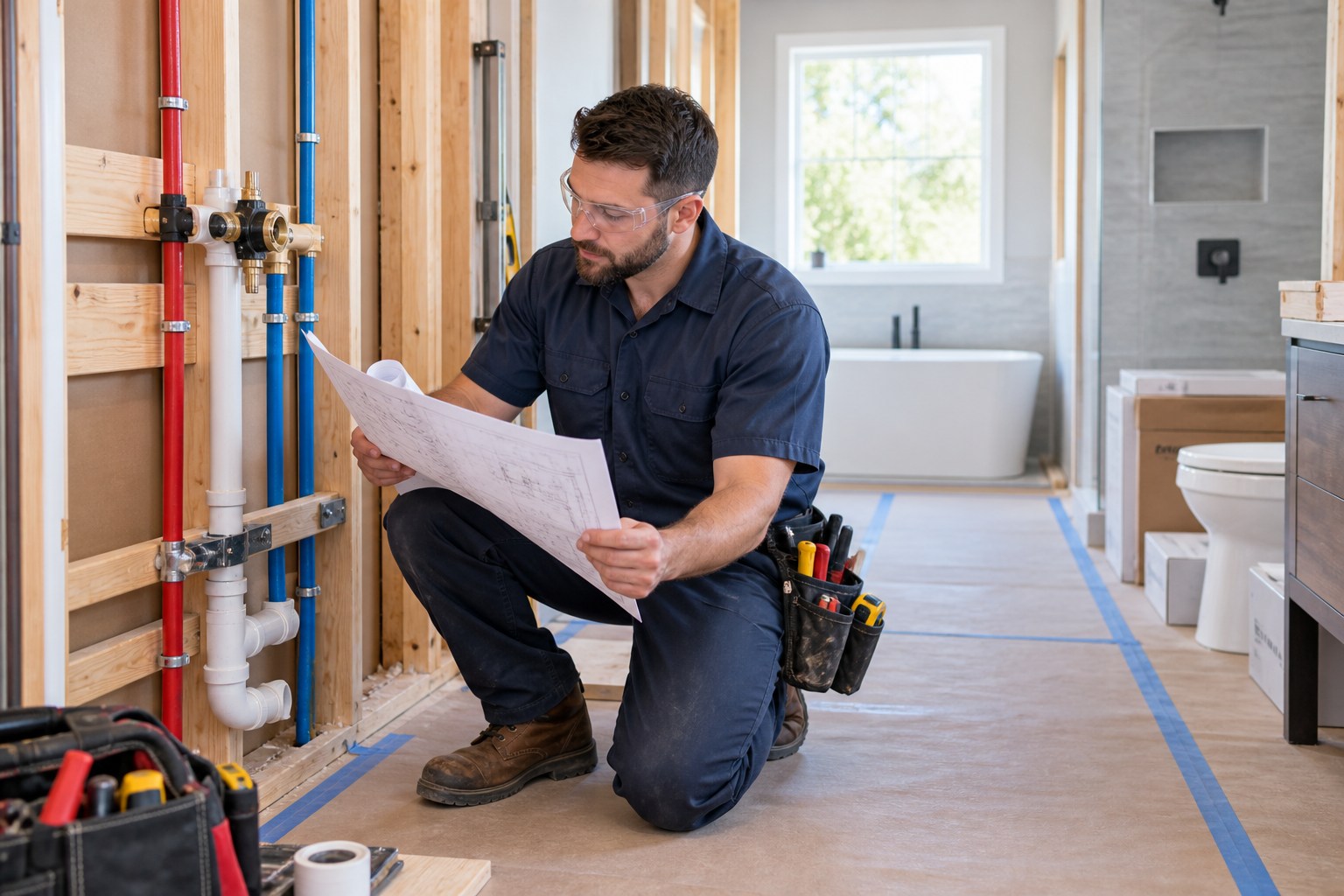 A professional remodel plumber reviewing a bathroom plan beside neatly routed plumbing rough-in at a clean new bathroom remodel, protected finished floor, organized fixture boxes, no demolition debris