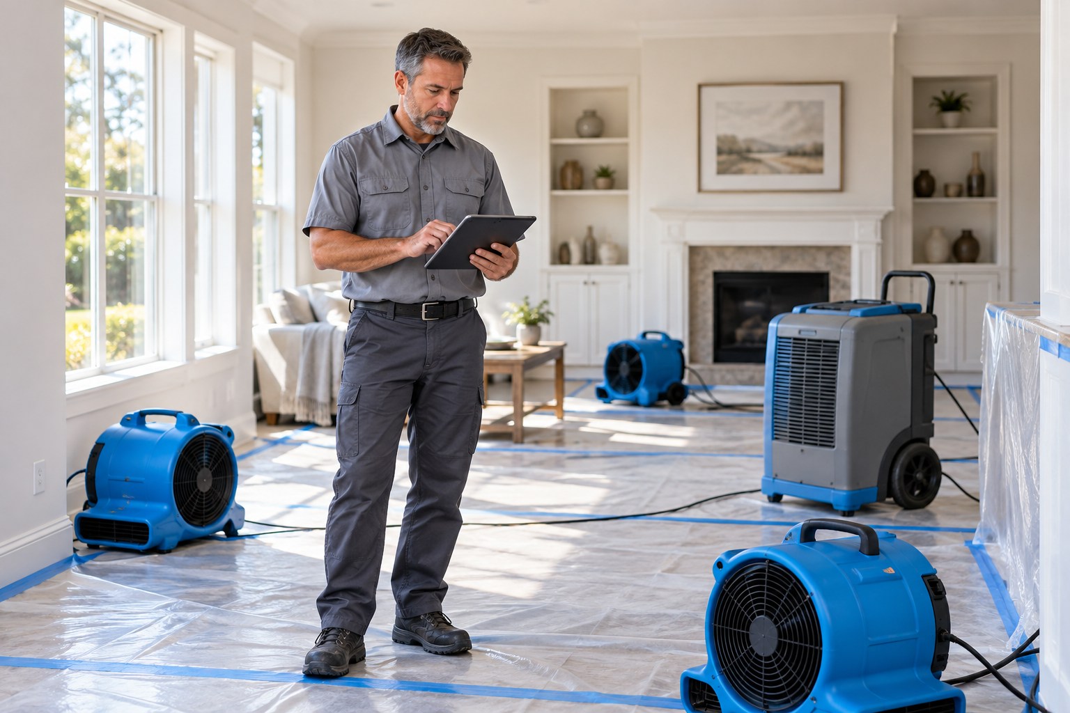 A professional property-restoration supervisor inspecting a clean recovered room with a tablet, neatly arranged professional air movers and dehumidifier, bright daylight, orderly restoration work area and protected floor