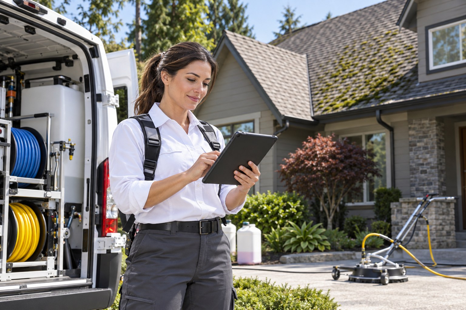 A professional roof-cleaning specialist in a clean uniform standing safely at ground level beside a pristine service van, reviewing a tablet with a sloped shingle roof clearly visible behind; subtle moss strip on shaded roof edge, professional inspection, no roof climbing