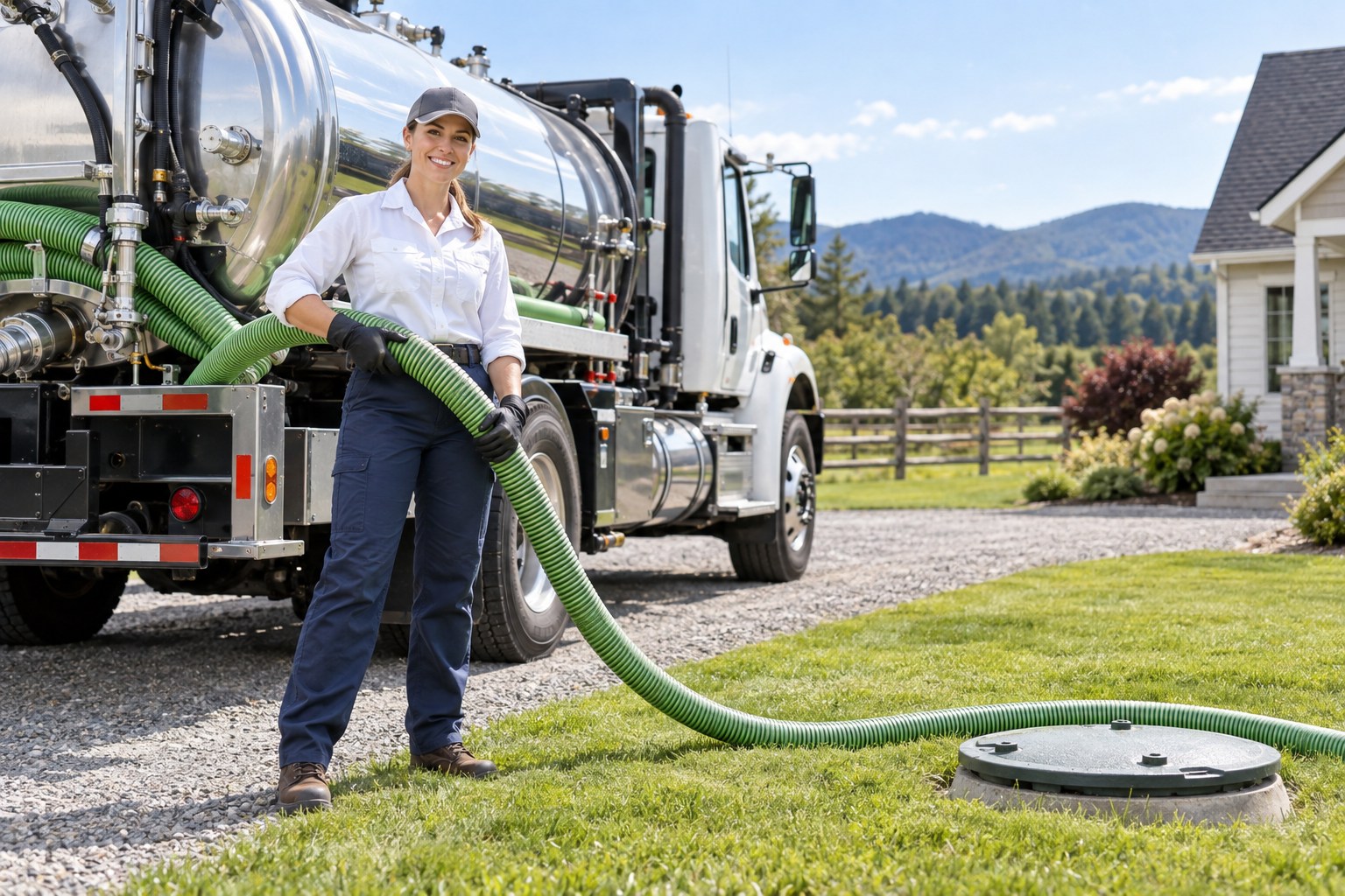 A professional septic service technician wearing clean PPE and gloves standing beside a modern spotless vacuum service truck in a tidy rural driveway, neatly coiled large suction hose, visible safely closed septic access cover in lawn, no waste