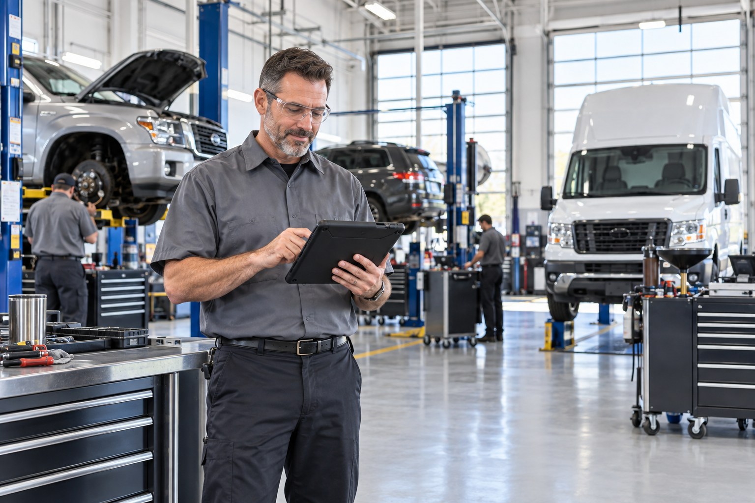 A service-shop supervisor reviewing the day's work on a tablet at a bright organized service workshop, three distinct clean modern service bays, labeled tool cabinets and a spotless high-roof service vehicle
