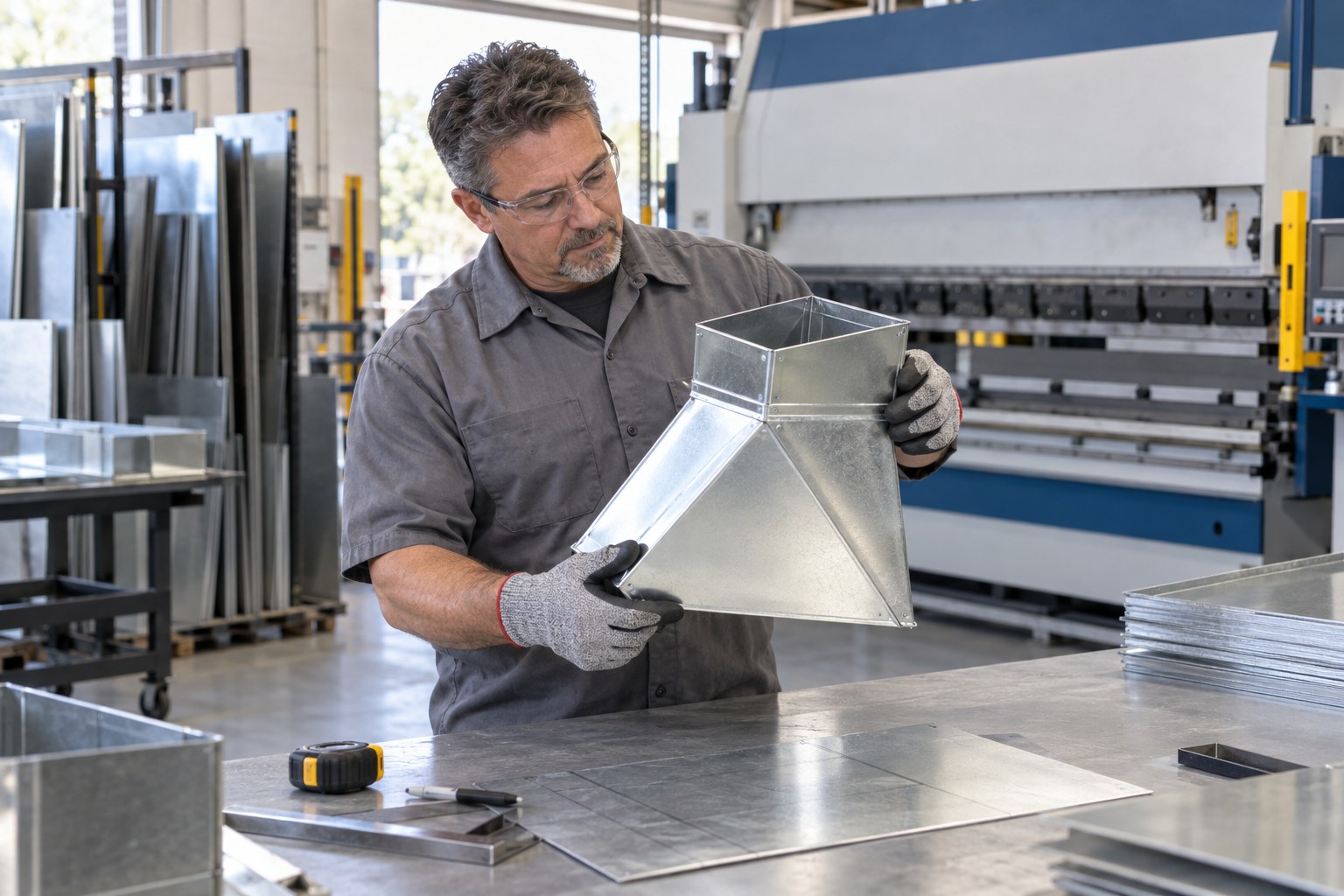 A professional sheet-metal worker in cut-resistant gloves and safety glasses inspecting a precisely folded metal duct transition on a clean workbench, modern sheet-metal brake visible behind, organized flat sheet stock