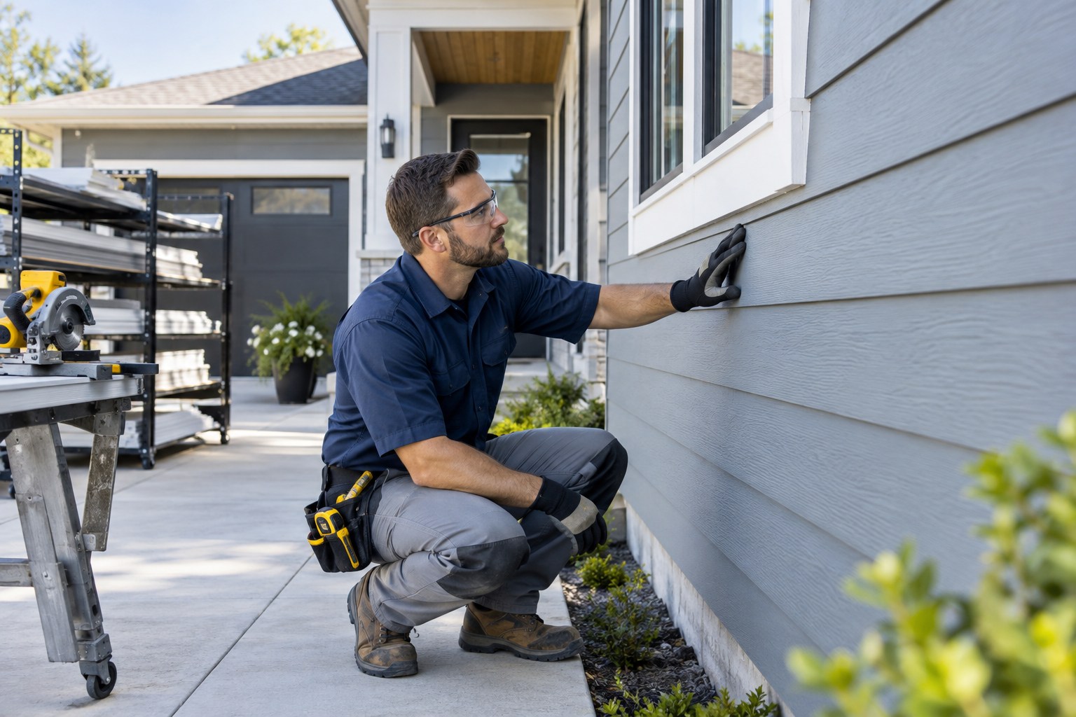 A professional siding installer inspecting straight horizontal fiber-cement siding on a modern home's exterior at ground level, neatly finished window trim, orderly materials on a rack and clean driveway