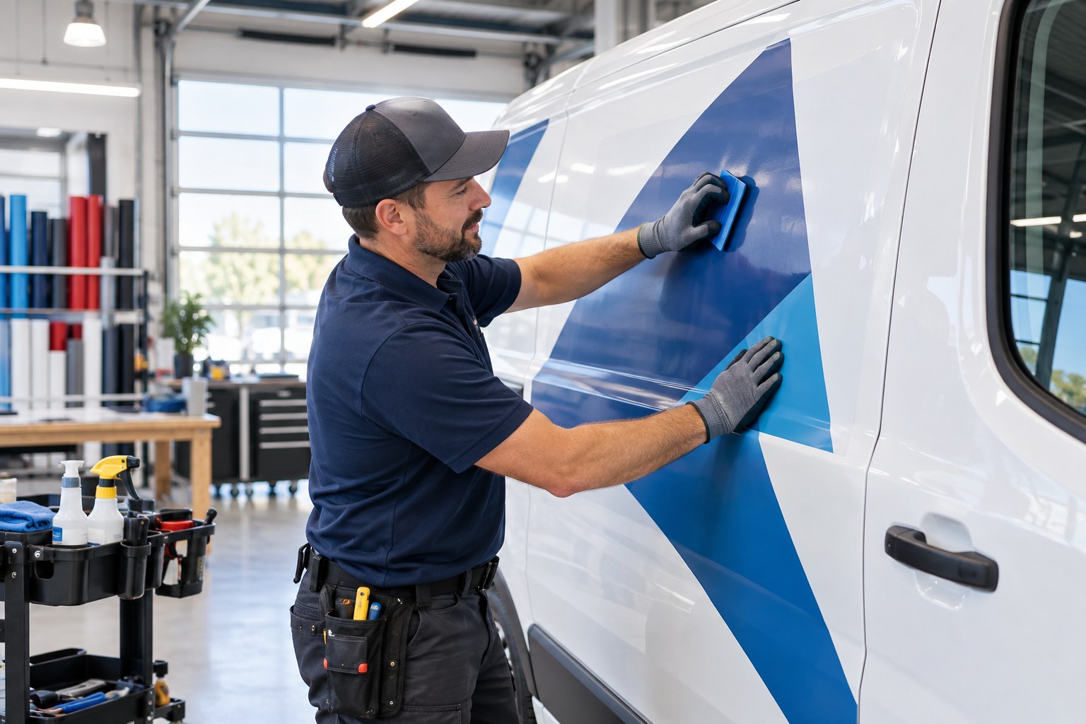 A professional sign installer in clean workwear carefully applying a blank geometric vinyl design to the side of a spotless modern white service van in a bright organized sign workshop, no readable text or logos