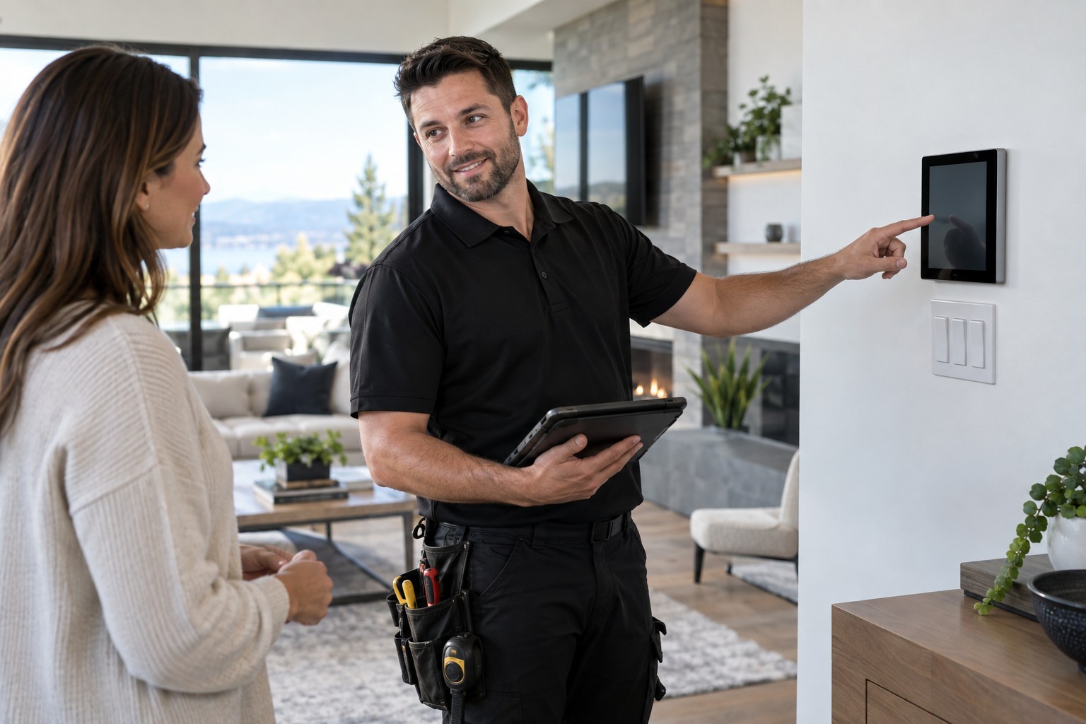 A professional smart-home technician in clean uniform demonstrating a blank wall-mounted touchscreen beside modern light switches in a bright contemporary living room, neatly fitted controls, no readable private information