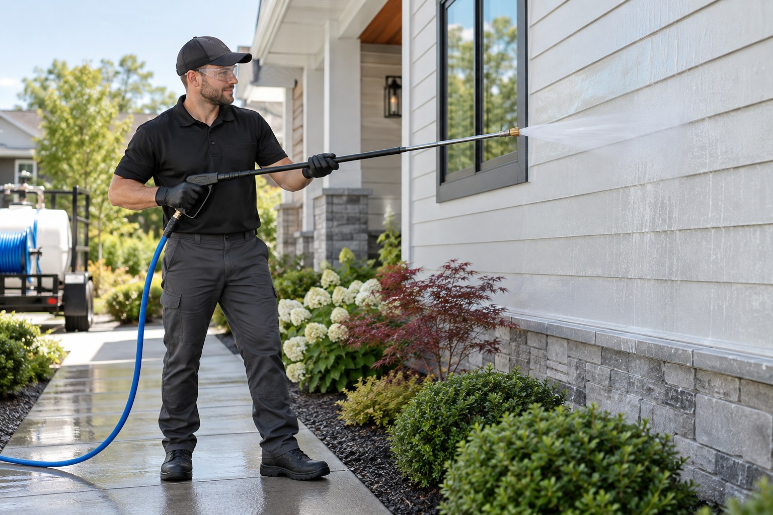 A professional soft-wash technician wearing eye protection and gloves using a long low-pressure wand to gently rinse exterior siding at ground level, tidy landscaped modern home, controlled light spray and organized hose, no pressure jet