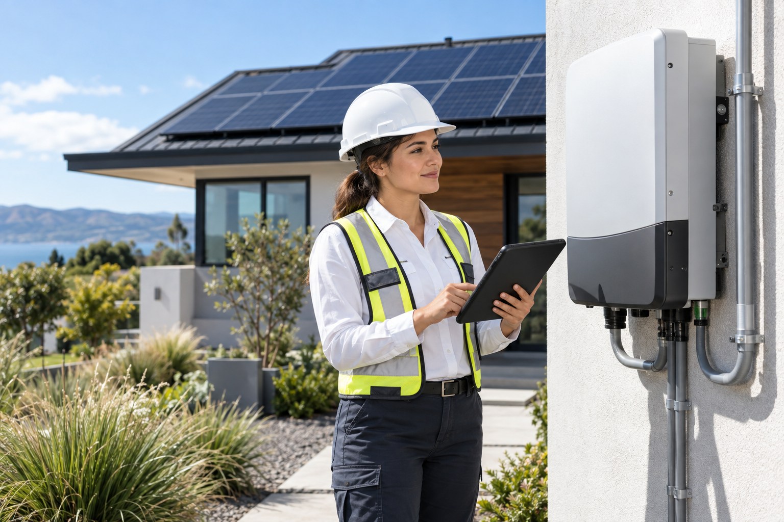 A professional solar technician wearing a clean hard hat standing safely at ground level beside a modern home with a finished rooftop solar array, inspecting a closed wall-mounted inverter using a tablet, bright clear sky