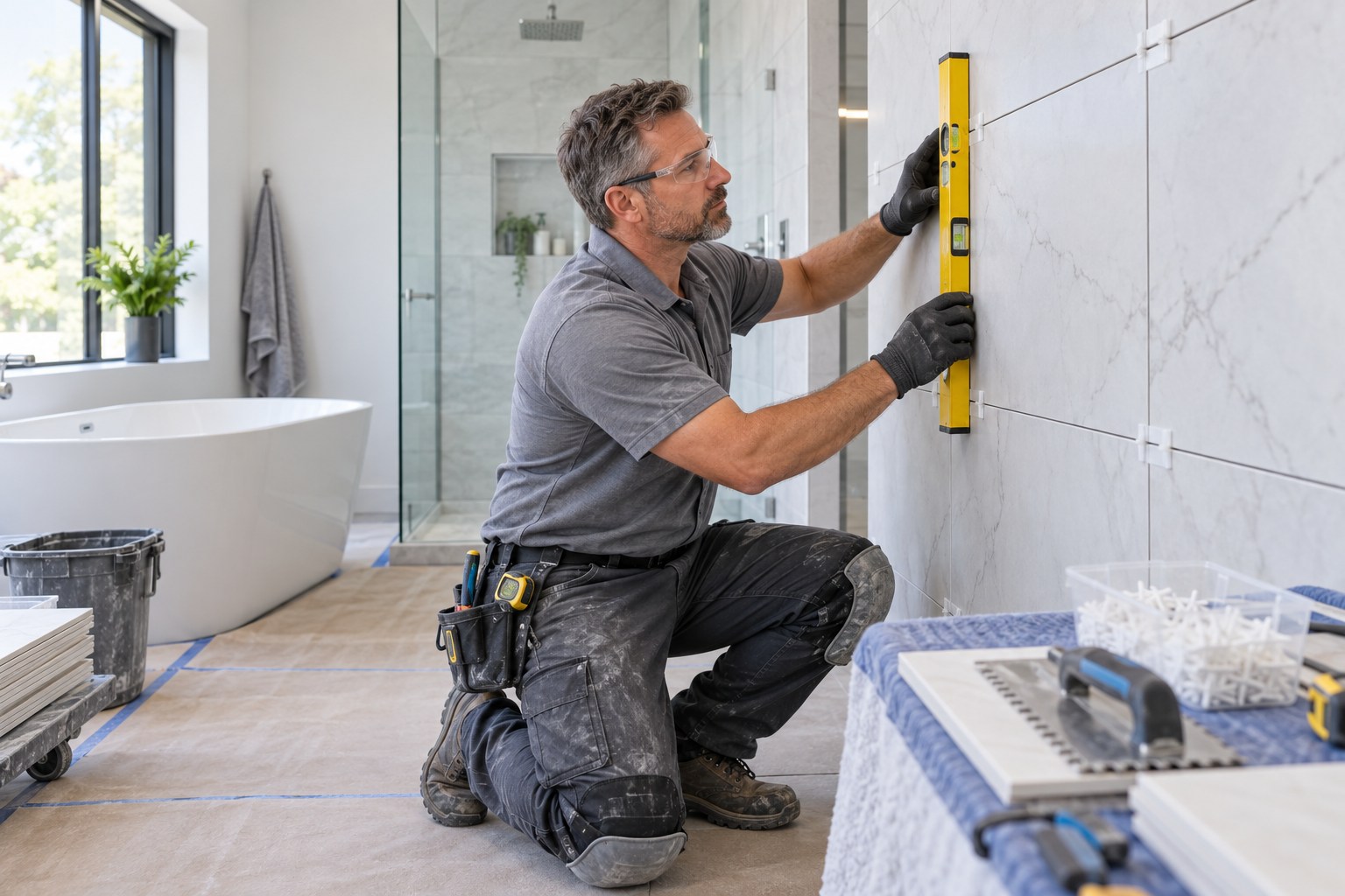 A professional tile setter checking alignment of neatly installed large-format bathroom wall tiles with a spirit level, beautiful modern bathroom renovation, organized spacers and tools, protected clean surfaces