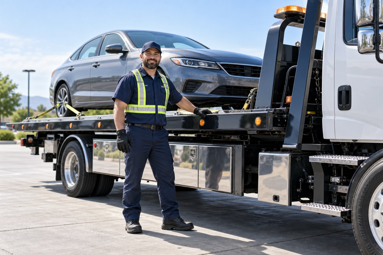 A professional tow operator in clean high-visibility workwear standing beside a modern immaculate flatbed tow truck with a neatly secured clean sedan on the bed, safe spacious lot in bright daylight, no crash scene