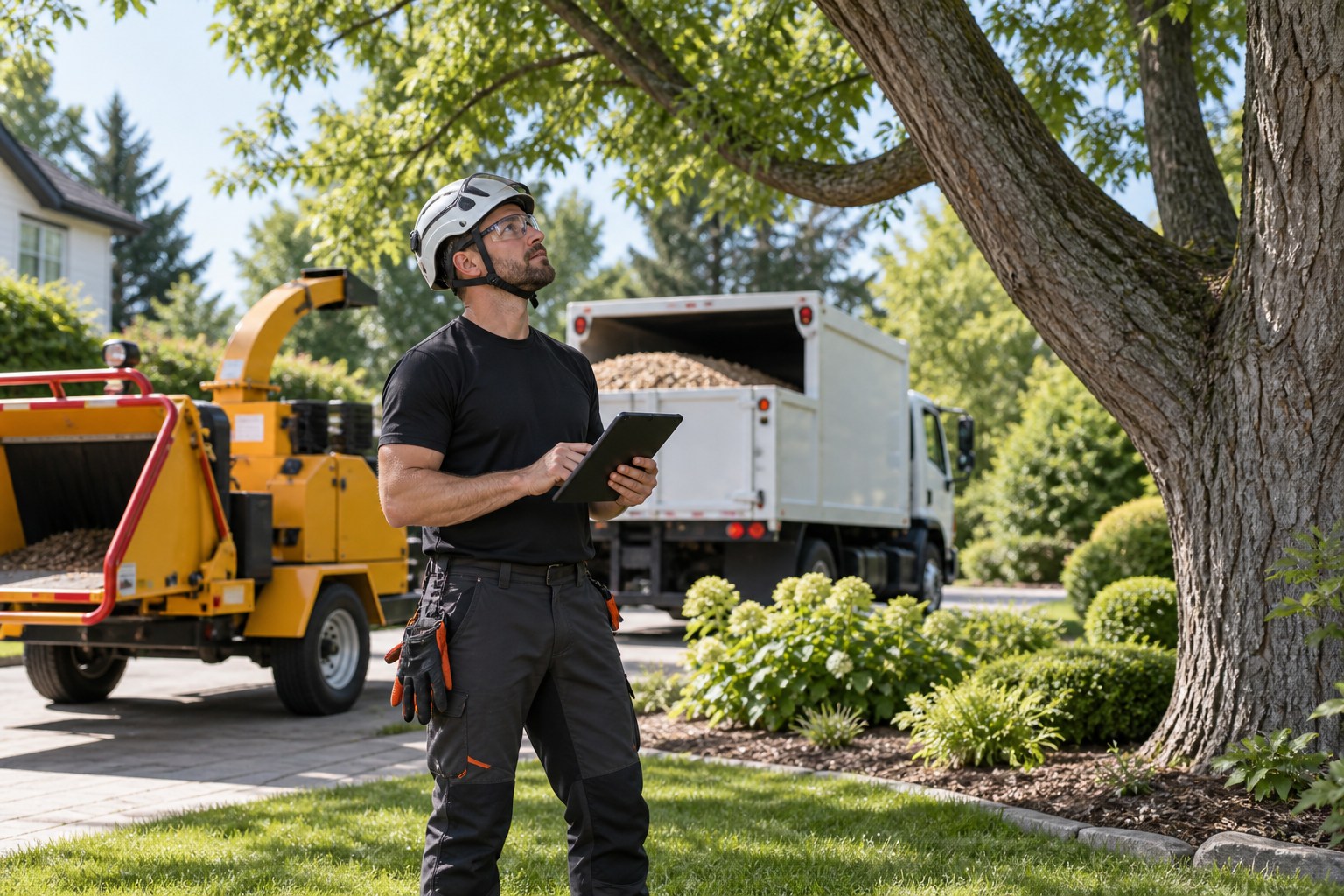 A professional arborist in helmet, eye protection and clean work uniform standing safely on the ground reviewing a mature tree with a tablet, modern clean chipper and service truck behind, tidy suburban garden, no active cutting
