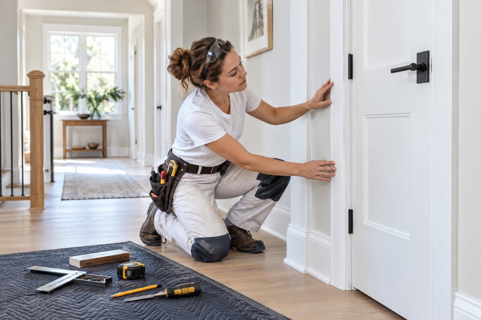 A professional finish carpenter inspecting a precisely fitted white door casing and mitred trim in a bright immaculate home, small square and organized hand tools on a protective mat, close craftsmanship details