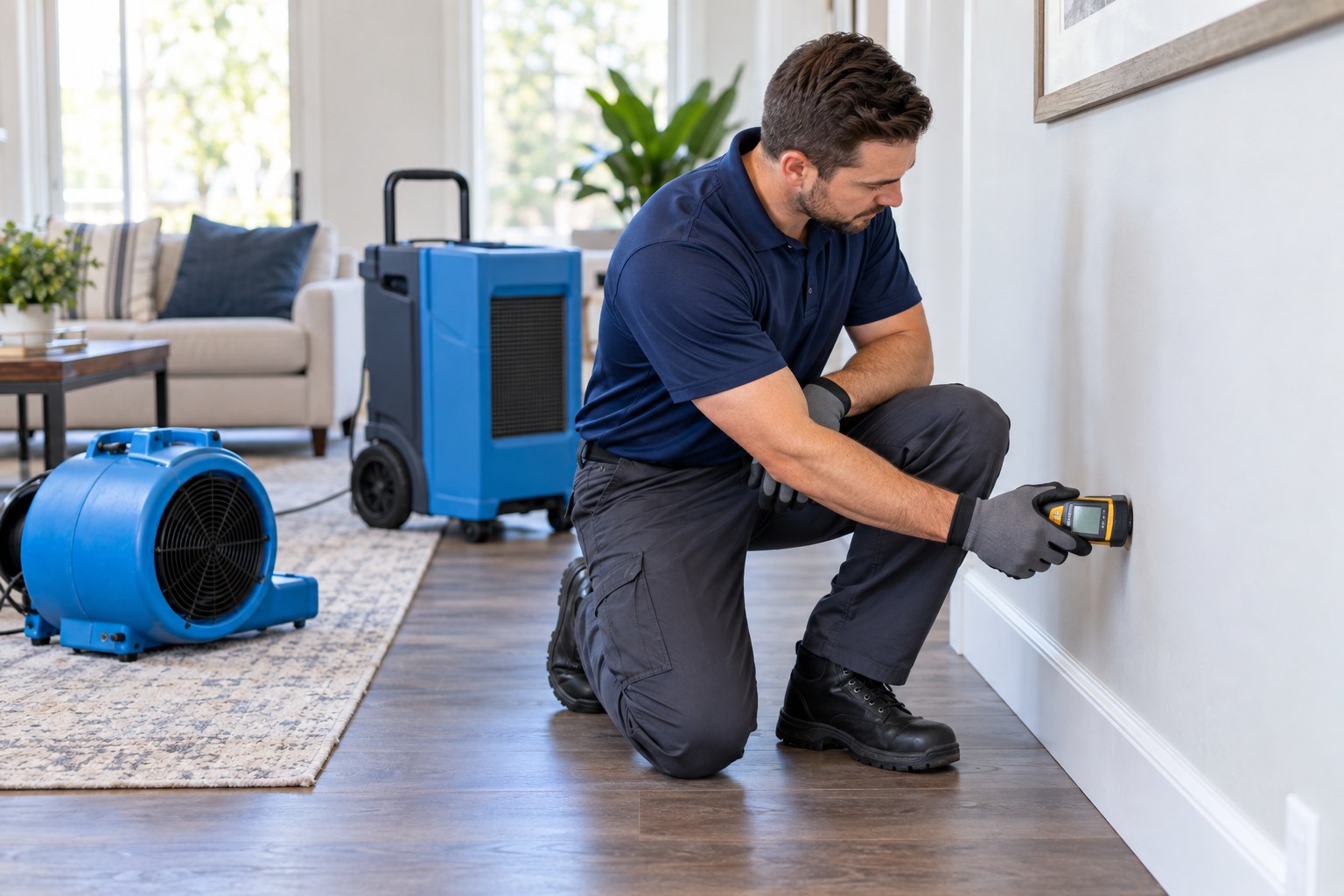 A professional water-damage restoration technician checking a handheld moisture meter against a lower wall in a bright orderly interior, clean commercial dehumidifier and air mover positioned neatly, no standing water or clutter