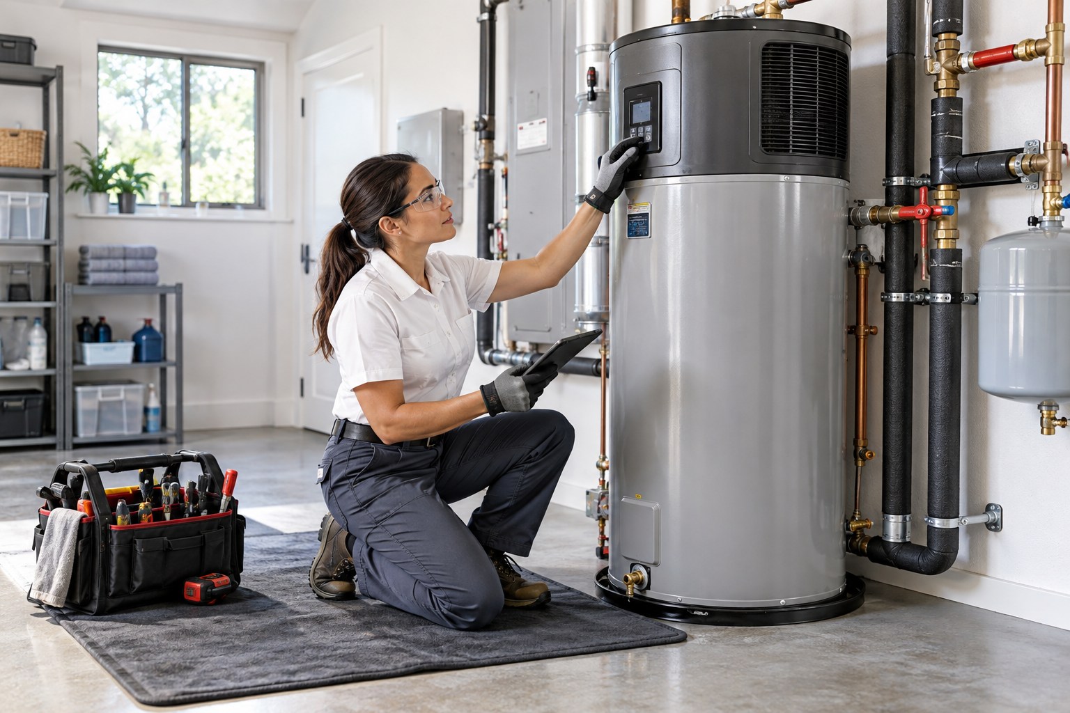 A professional water-heater installer inspecting a modern tall heat-pump water heater in a bright tidy utility room, neatly arranged piping and shutoff valves, tools organized on a protective mat