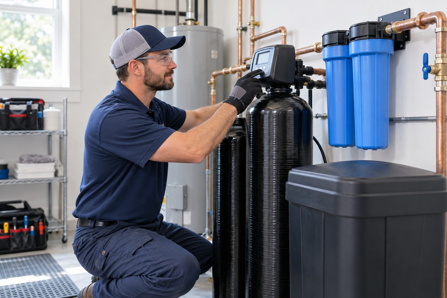 A professional water-treatment technician inspecting a neatly installed water softener and filter assembly in a bright utility room, organized pipework and tidy tools, modern clean equipment