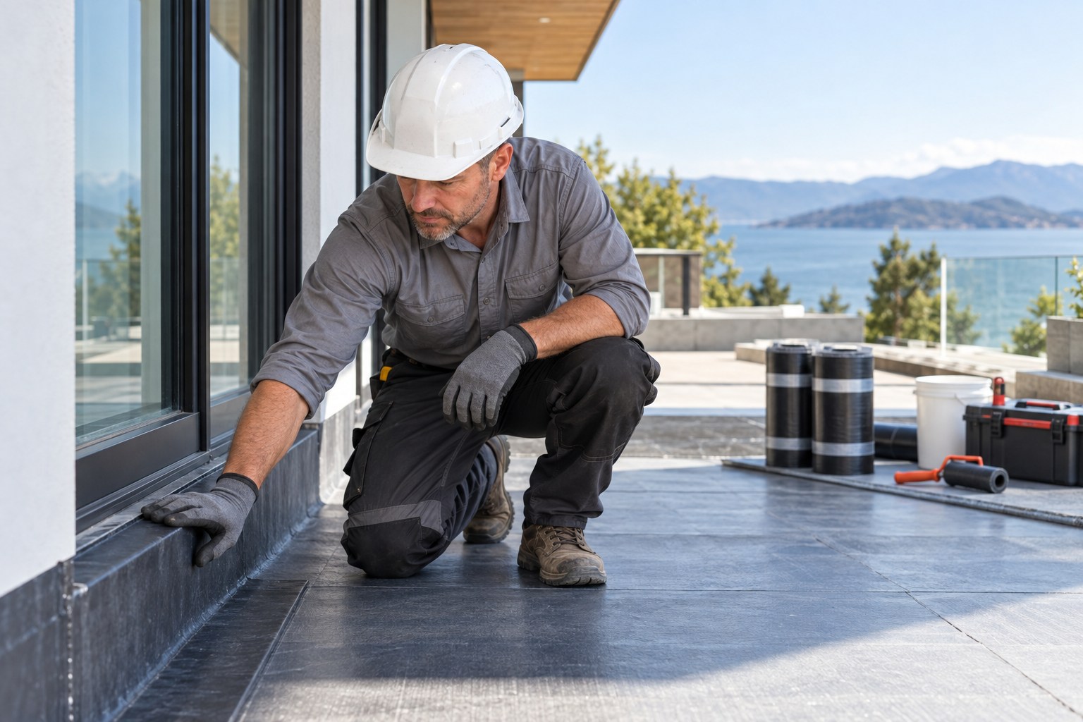 A professional waterproofing technician wearing gloves inspecting neatly applied membrane details around the edge of a new exterior terrace, clean contemporary construction site, organized sealed materials, bright daylight