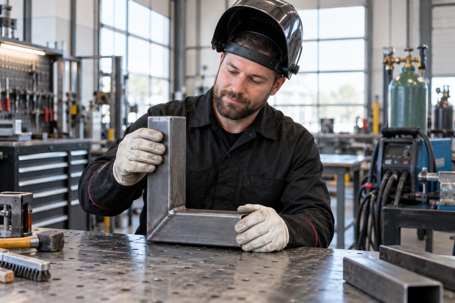 A professional welder in protective gloves and clean flame-resistant clothing inspecting a finished steel joint on a tidy fabrication bench, welding helmet raised and welding equipment switched off, clean modern metalworking shop, no sparks