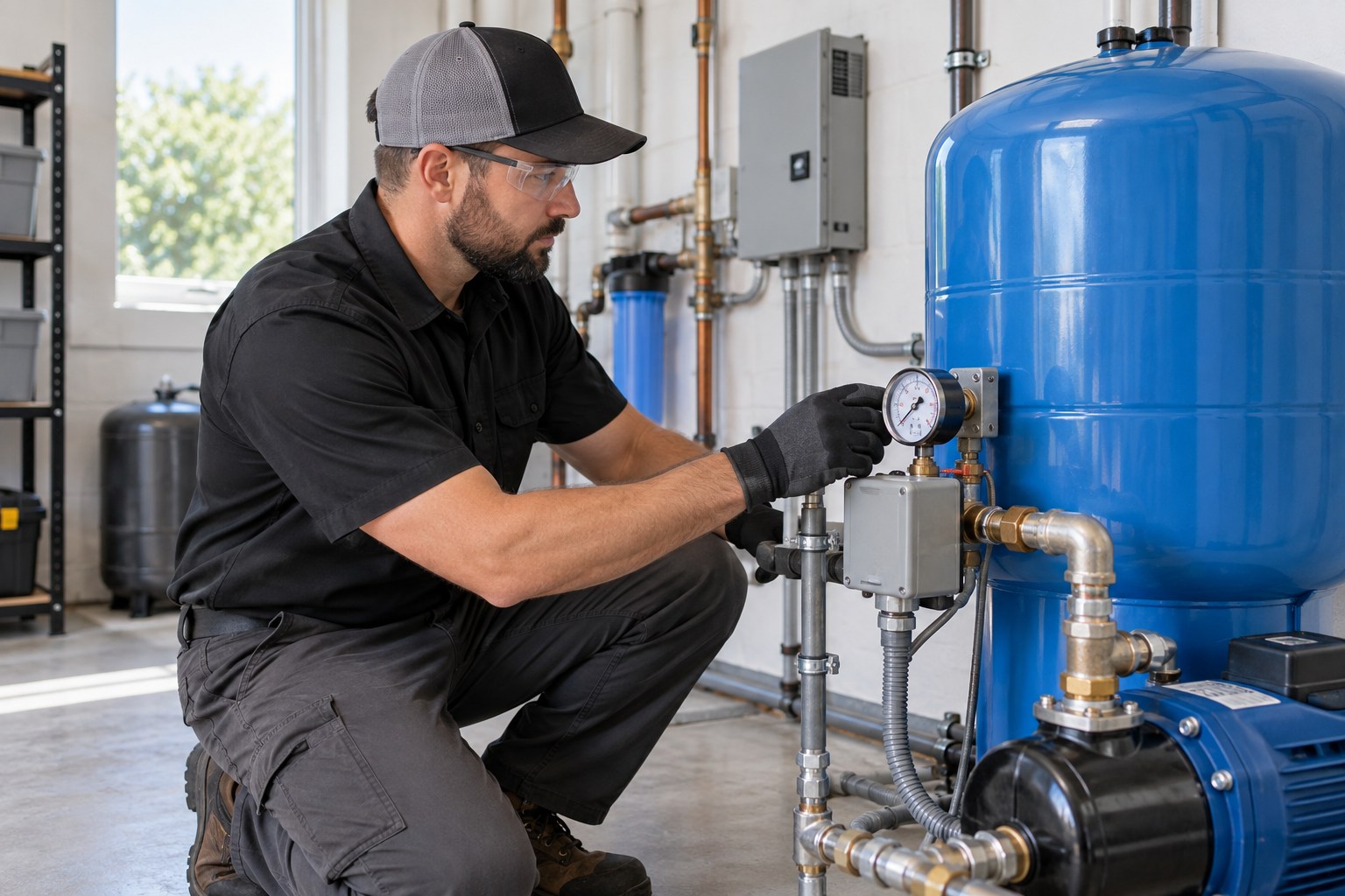 A professional well-service technician examining a blue pressure tank, pressure gauge and neatly installed pump controls in a bright clean well-equipment room, organized components and secure protective covers