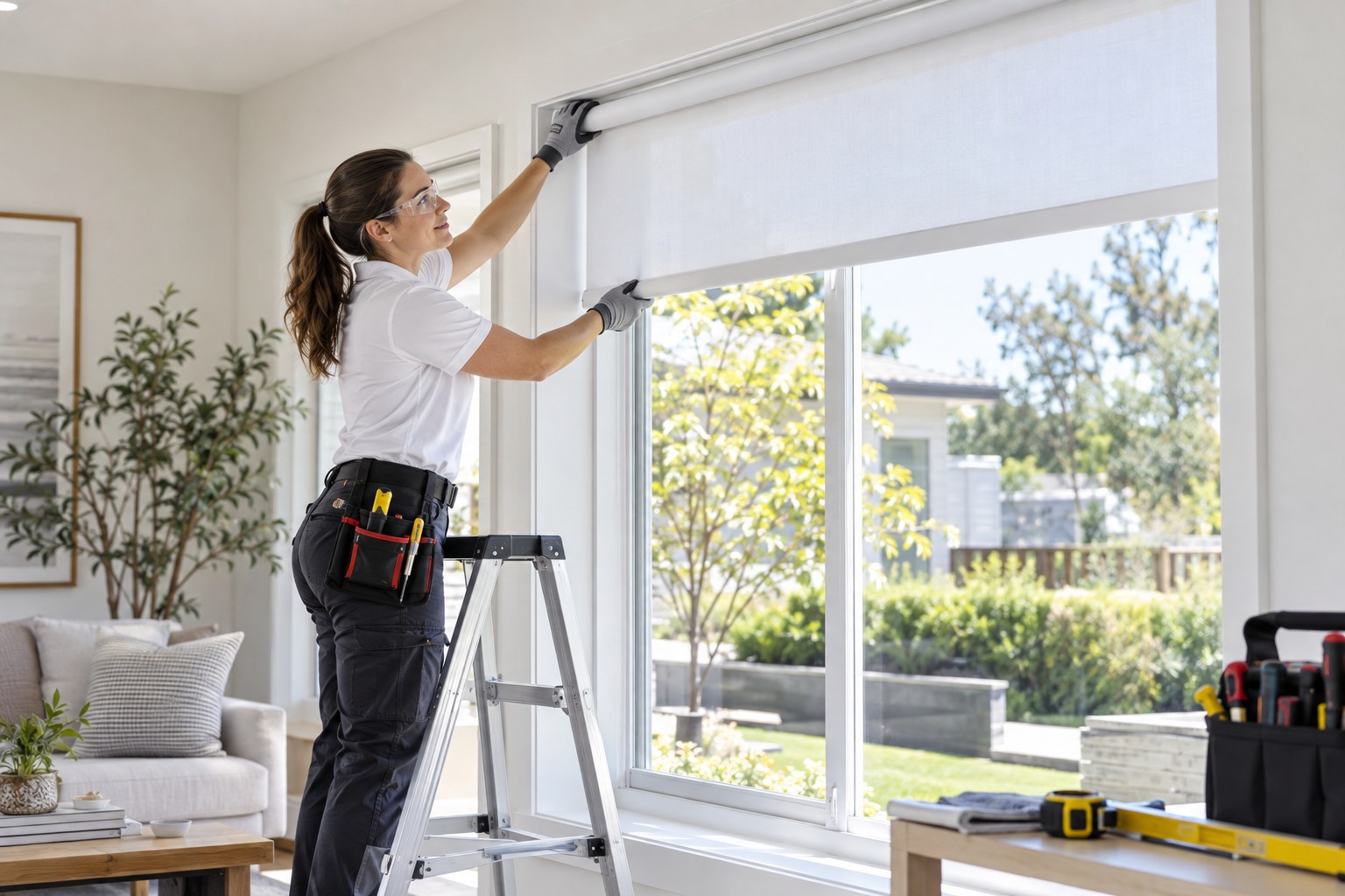 A professional window-covering installer adjusting the alignment of a new white roller shade at a large ground-floor window in a bright contemporary home, clean measuring tools and beautifully finished window trim