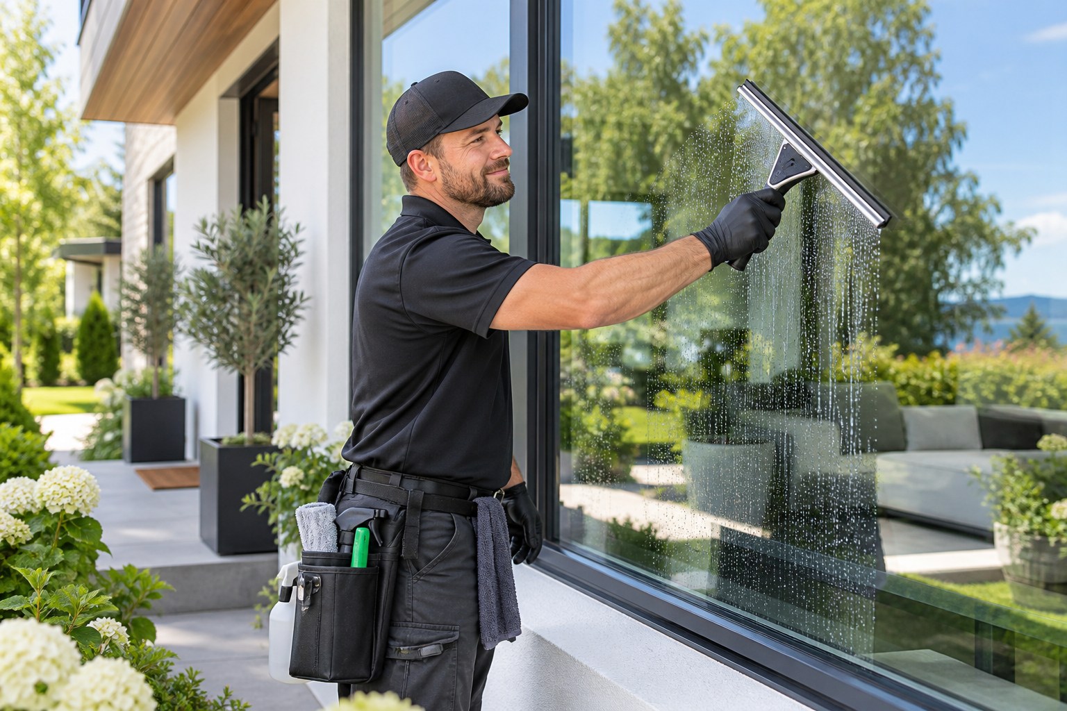 A professional window-cleaning technician using a squeegee on a large ground-floor exterior window of a pristine modern home, organized caddy and folded microfiber towels, spotless glass and bright garden reflections